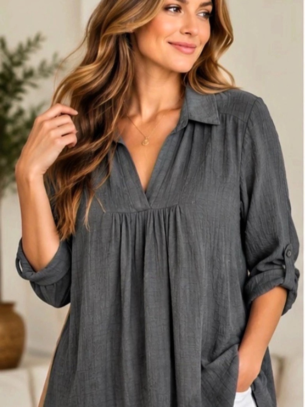 23.5” PENN. PENNINGTONS Textured Roll-Tab Sleeve Blouse Textured Gray Blouse Siz